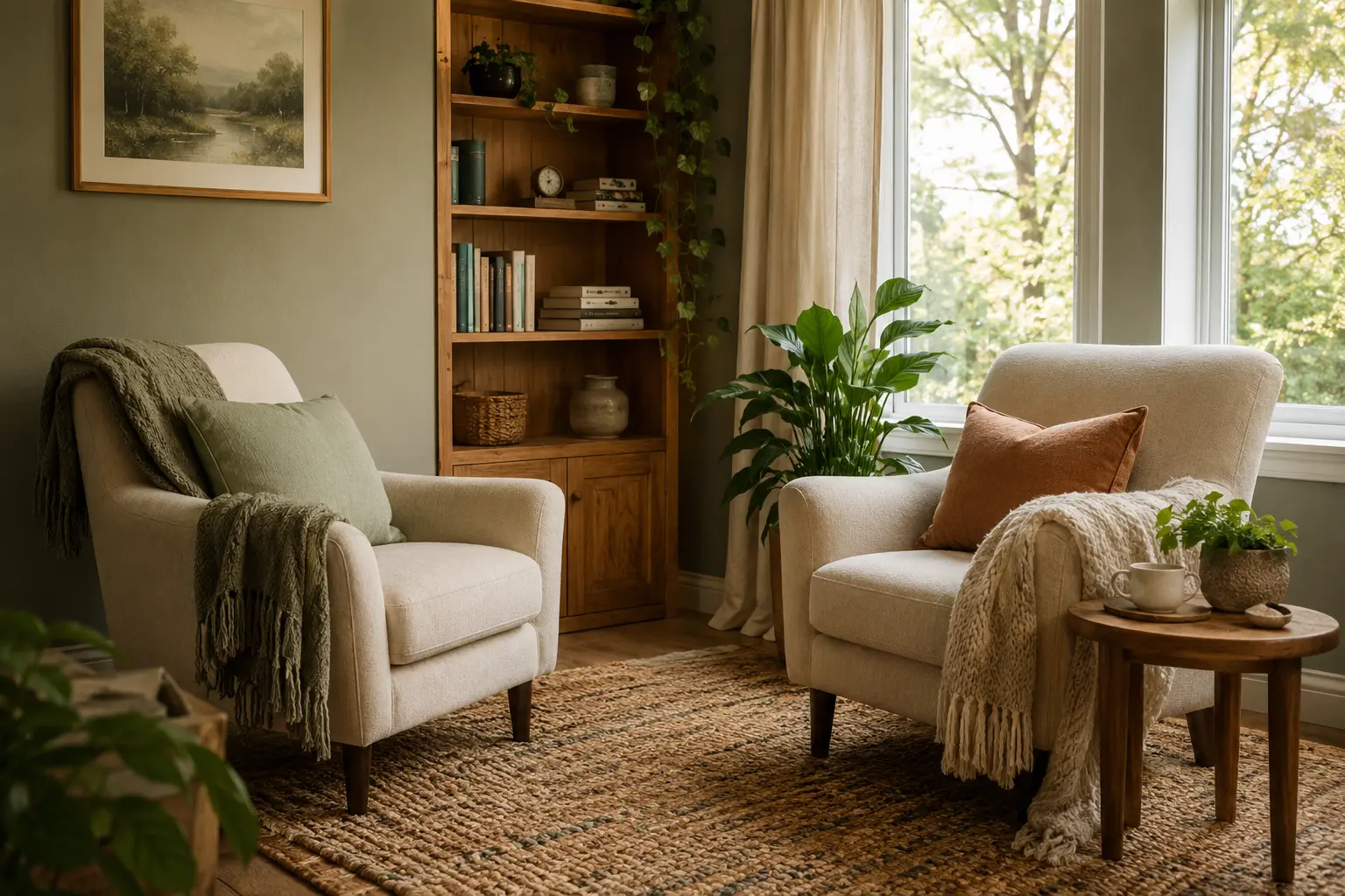 Warm, comfortable counseling room with soft chairs and natural light